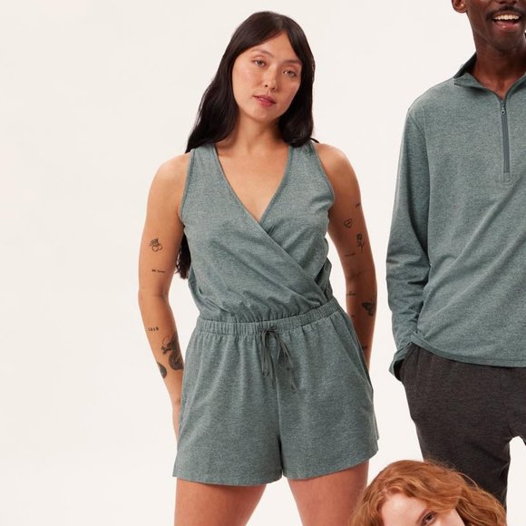 girlfriend collective Pants - Girlfriend Collective ReSet Wrap Romper Silver Pine Size Large